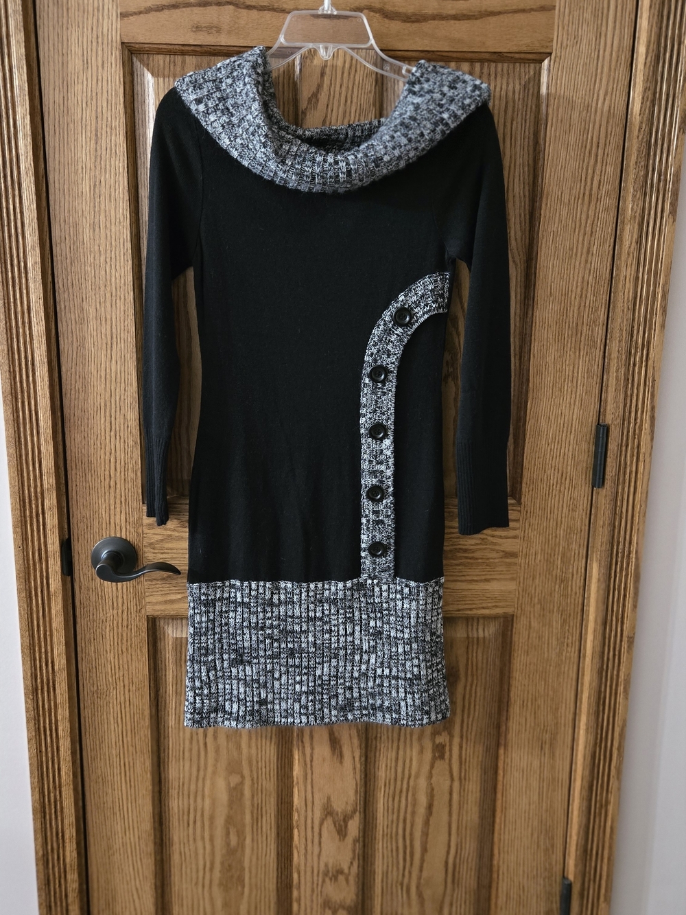 Cozy Black Cowl Neck Sweater Dress with Gray Accents